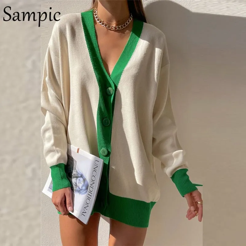 Joskaa Christmas Gift Sampic Loose Patchwork Knitwear Winter 2024 Women Cardigans Tops Oversized Long Sleeve Y2K V Neck Sweater Casual Fashion Tops