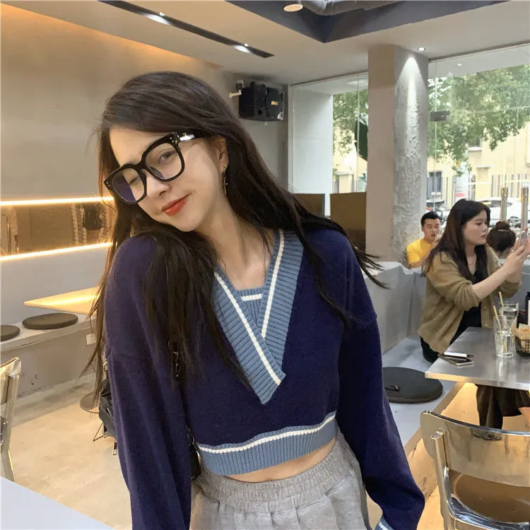 Joskaa Christmas Gift Women Sweaters Pullovers Patchwork Knitted V-neck Short Sexy Sweet Students Streetwear Loose Soft Newest Korean Fashion Jumpers