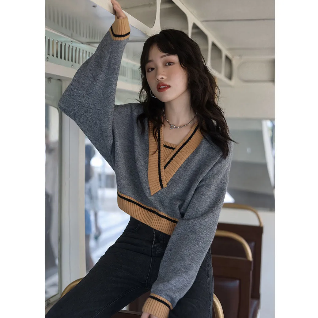 Joskaa Christmas Gift Women Sweaters Pullovers Patchwork Knitted V-neck Short Sexy Sweet Students Streetwear Loose Soft Newest Korean Fashion Jumpers