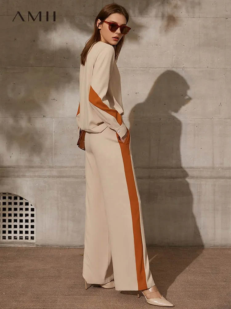 Joskaa Graduation Gift  AMII Minimalism Summer Blouse For Women Fashion Vneck Patchwork Women's Shirt Causal High Waist Loose Women's Pants 12130088