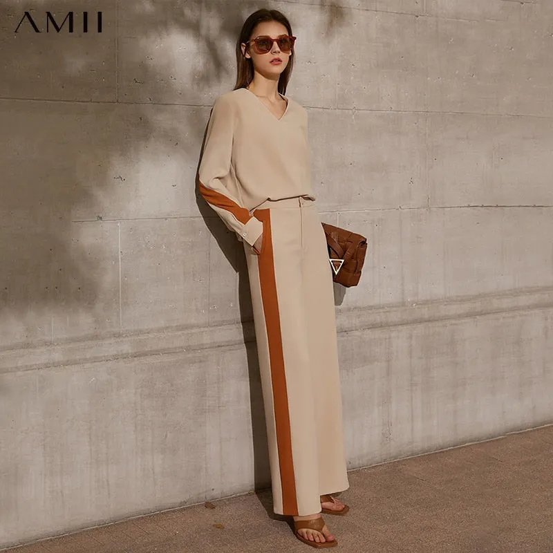 Joskaa Graduation Gift  AMII Minimalism Summer Blouse For Women Fashion Vneck Patchwork Women's Shirt Causal High Waist Loose Women's Pants 12130088