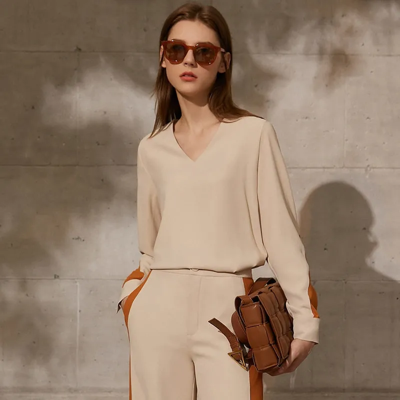 Joskaa Graduation Gift  AMII Minimalism Summer Blouse For Women Fashion Vneck Patchwork Women's Shirt Causal High Waist Loose Women's Pants 12130088