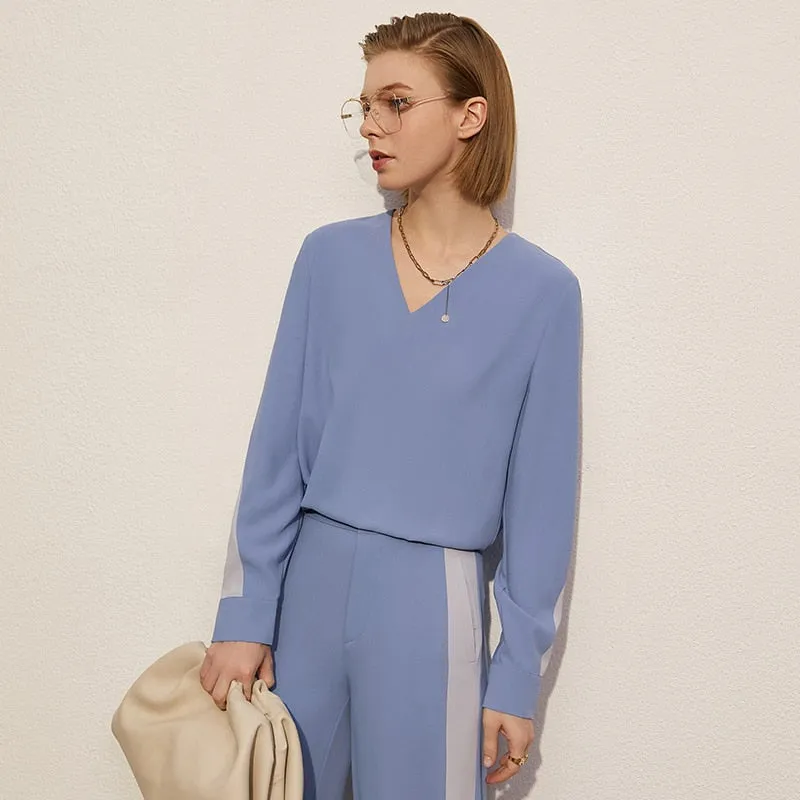 Joskaa Graduation Gift  AMII Minimalism Summer Blouse For Women Fashion Vneck Patchwork Women's Shirt Causal High Waist Loose Women's Pants 12130088