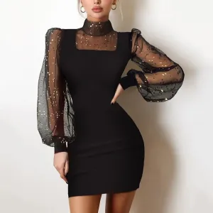 Joskaa hoco dresses Women's Turtleneck Sexy Mini Dress Long Sleeve Mesh Patchwork Sheath Party Dress Female Slim Black Club Vestidos 2024 Spring