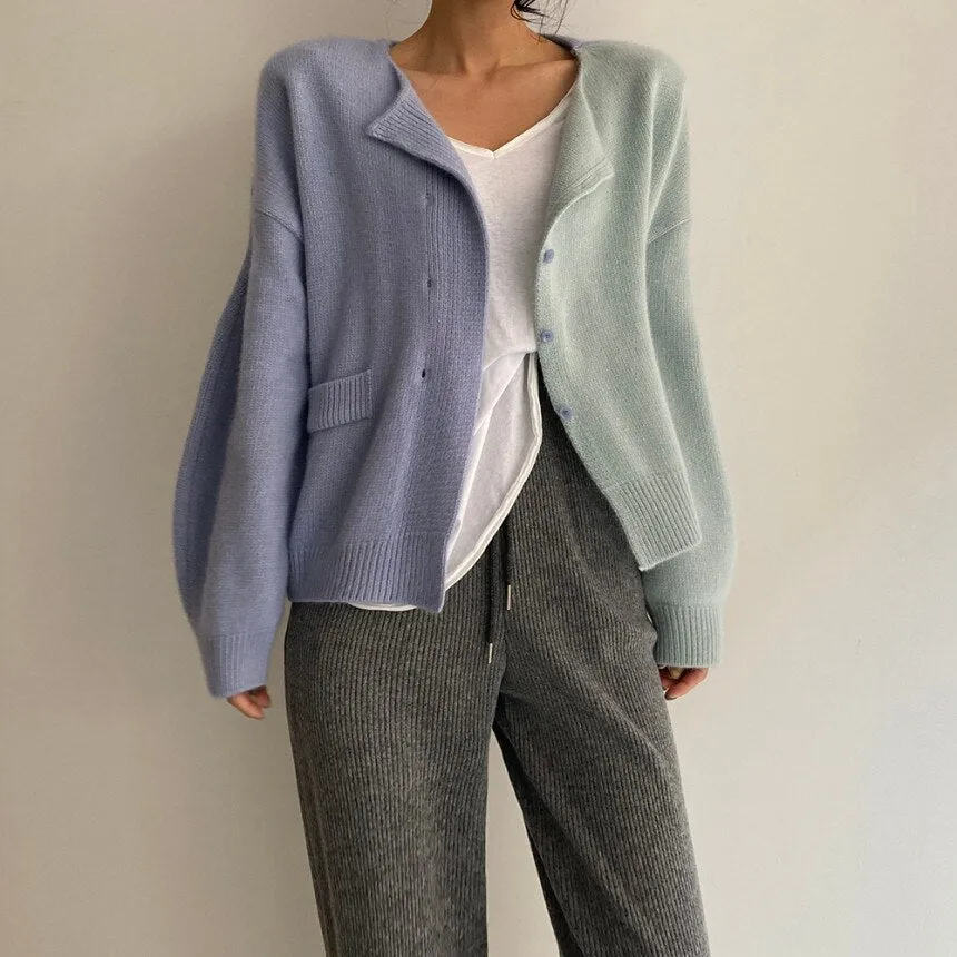 Joskaa Patchwork Blue Cardigan Tops Sweaters Woman Fall Winter 2024 New Long Sleeve Knitted Jacket Single Breasted O Neck Coat