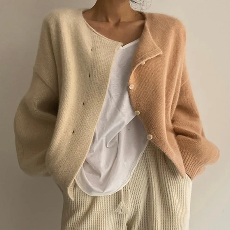 Joskaa Patchwork Blue Cardigan Tops Sweaters Woman Fall Winter 2024 New Long Sleeve Knitted Jacket Single Breasted O Neck Coat