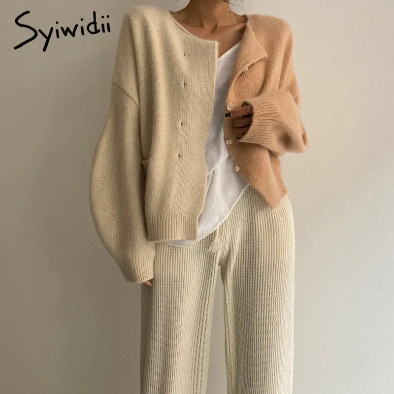 Joskaa Patchwork Blue Cardigan Tops Sweaters Woman Fall Winter 2024 New Long Sleeve Knitted Jacket Single Breasted O Neck Coat
