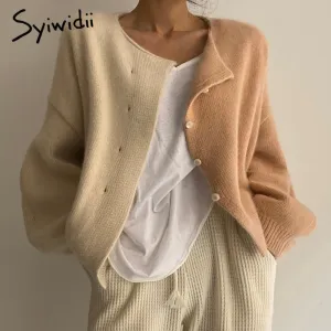 Joskaa Patchwork Blue Cardigan Tops Sweaters Woman Fall Winter 2024 New Long Sleeve Knitted Jacket Single Breasted O Neck Coat