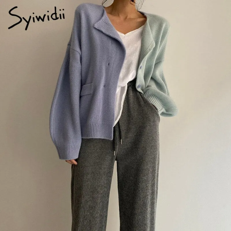 Joskaa Patchwork Blue Cardigan Tops Sweaters Woman Fall Winter 2024 New Long Sleeve Knitted Jacket Single Breasted O Neck Coat
