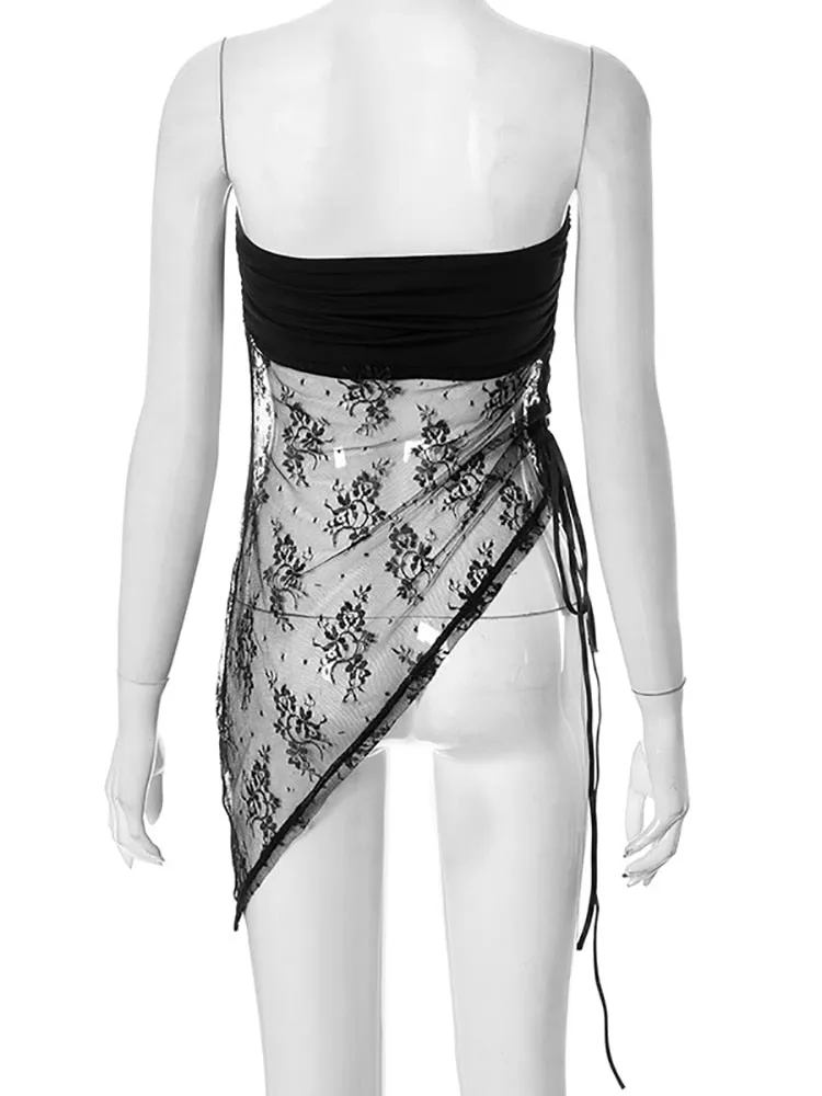 Joskaa Patchwork Strapless Lace Women Top Black See Through Print Floral Top Female Summer Skinny Elegant Streetwear 2024
