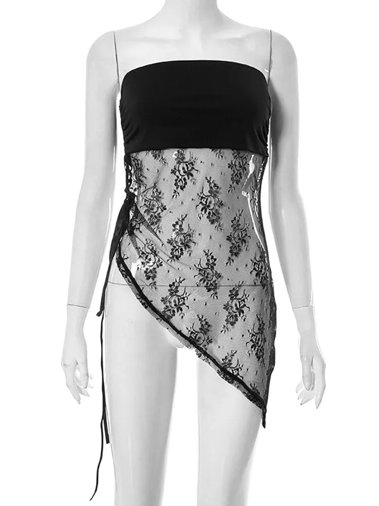 Joskaa Patchwork Strapless Lace Women Top Black See Through Print Floral Top Female Summer Skinny Elegant Streetwear 2024