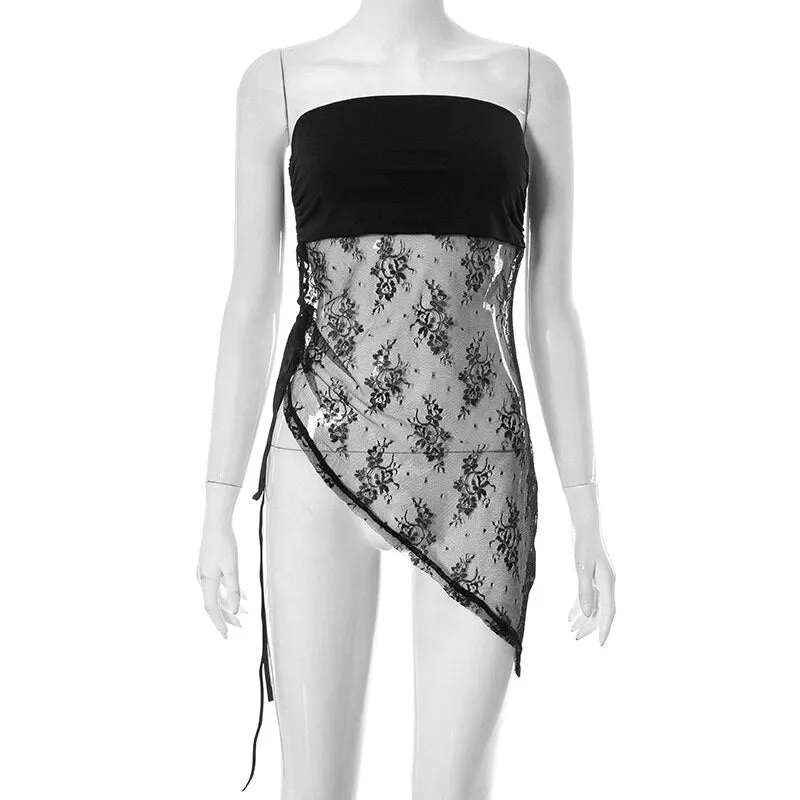 Joskaa Patchwork Strapless Lace Women Top Black See Through Print Floral Top Female Summer Skinny Elegant Streetwear 2024