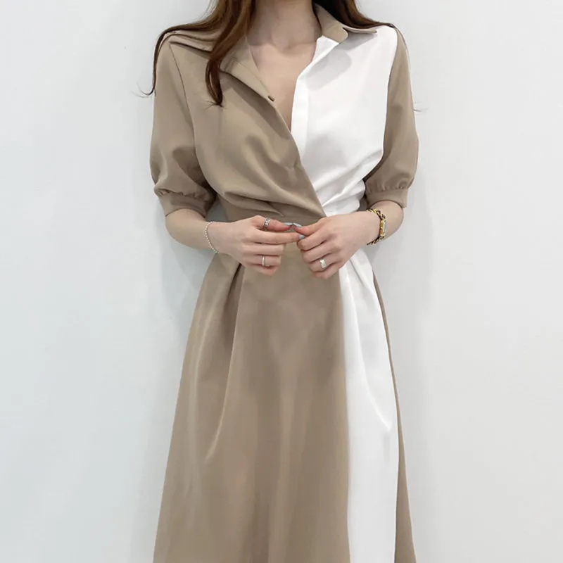 Joskaa Short Puff Sleeve Dress Women Patchwork Fashion Turn Down Collar Simple Korean Style Mid-calf Tunic Female Popular All Match Ins