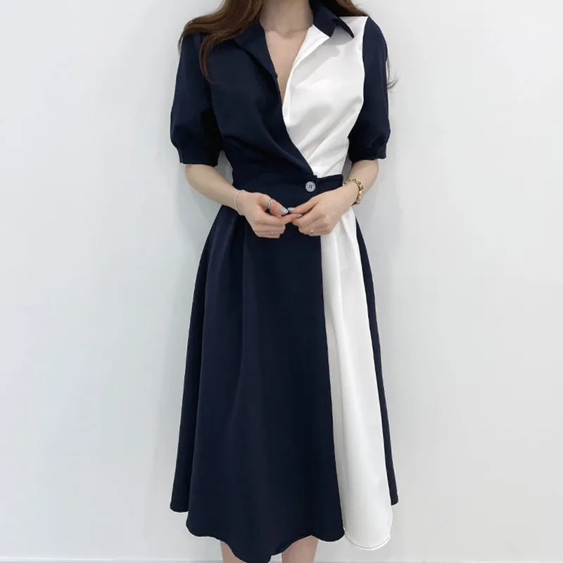 Joskaa Short Puff Sleeve Dress Women Patchwork Fashion Turn Down Collar Simple Korean Style Mid-calf Tunic Female Popular All Match Ins