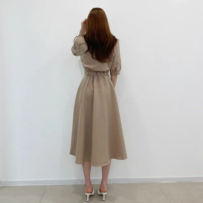 Joskaa Short Puff Sleeve Dress Women Patchwork Fashion Turn Down Collar Simple Korean Style Mid-calf Tunic Female Popular All Match Ins