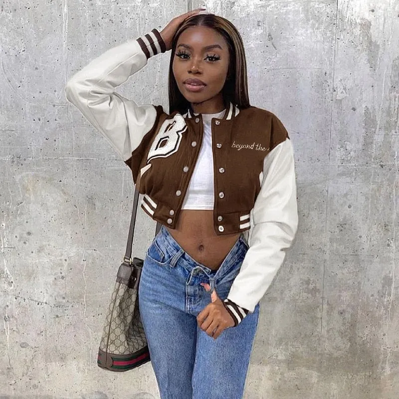 Joskaa Stitching Jacket Printed Leather Sleeves Korean Jacket Baseball Uniform Short Retro Clothes Women Y2k Hombre Top Veste Femme