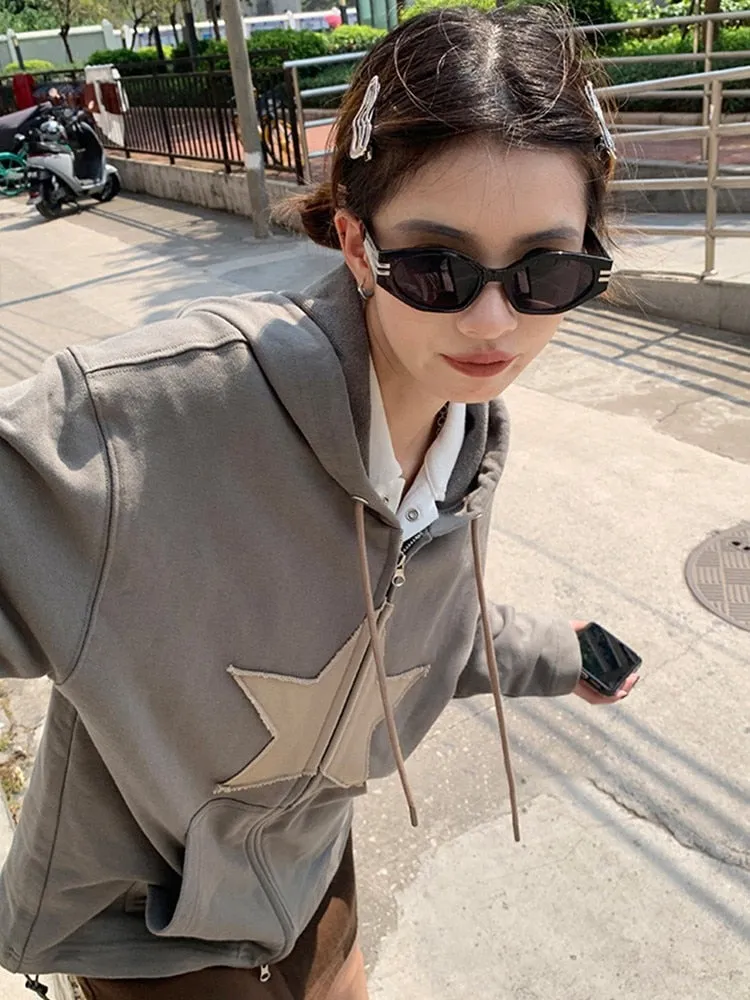 Joskaa Tawaaiw Autumn Vintage Hoodies Women Patchwork Loose Sweatshirts  American Retro Couple Hoodies Lovers Streetwear Grunge Tops