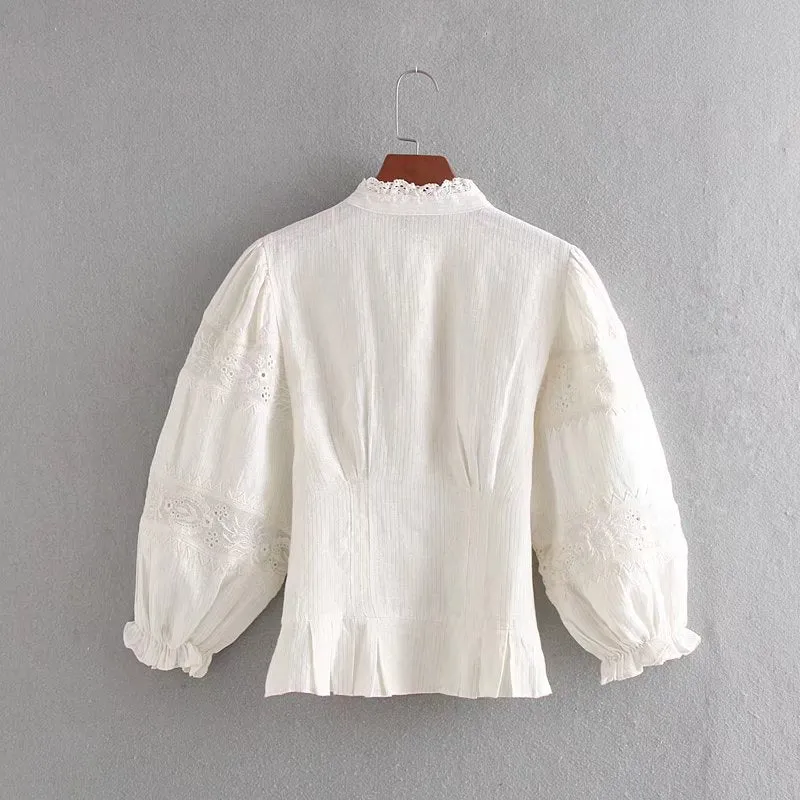Joskaa White Lace Shirt Women Ruffle Collar Patchwork Striped Cotton Blouse Female Casual Top Preppy Clothing Fall Outfits 2024