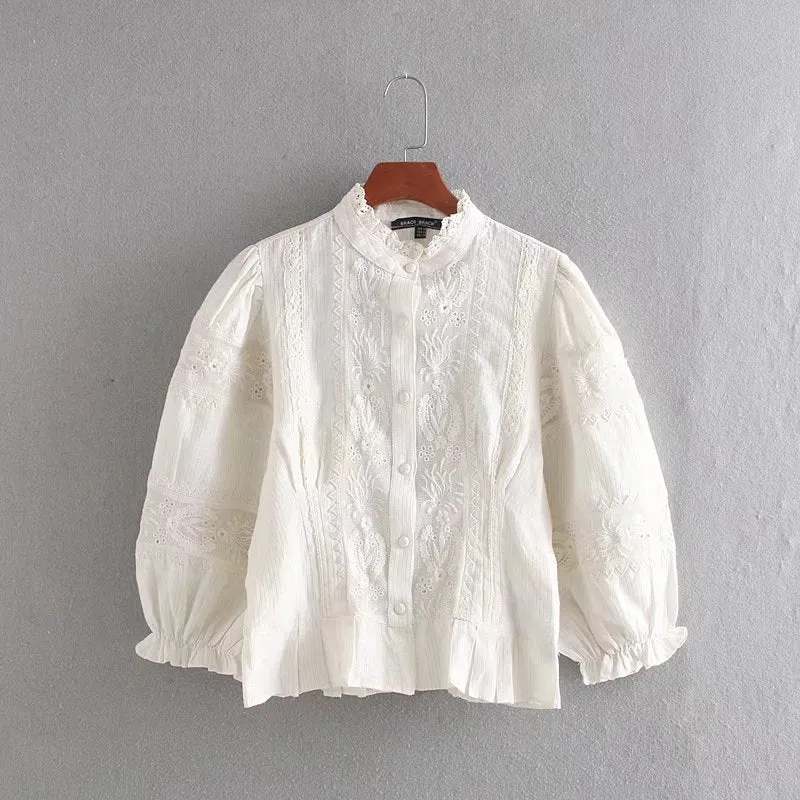 Joskaa White Lace Shirt Women Ruffle Collar Patchwork Striped Cotton Blouse Female Casual Top Preppy Clothing Fall Outfits 2024