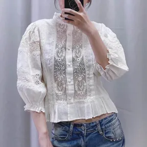 Joskaa White Lace Shirt Women Ruffle Collar Patchwork Striped Cotton Blouse Female Casual Top Preppy Clothing Fall Outfits 2024