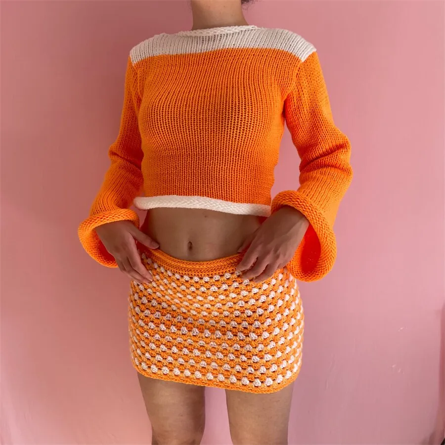 Joskaa Wsevypo E-Girl 2000S Patchwork Knitted Sweaters Autumn Women Retro Rolled Trim Flare Long Sleeves Pullover Jumper Top Streetwear