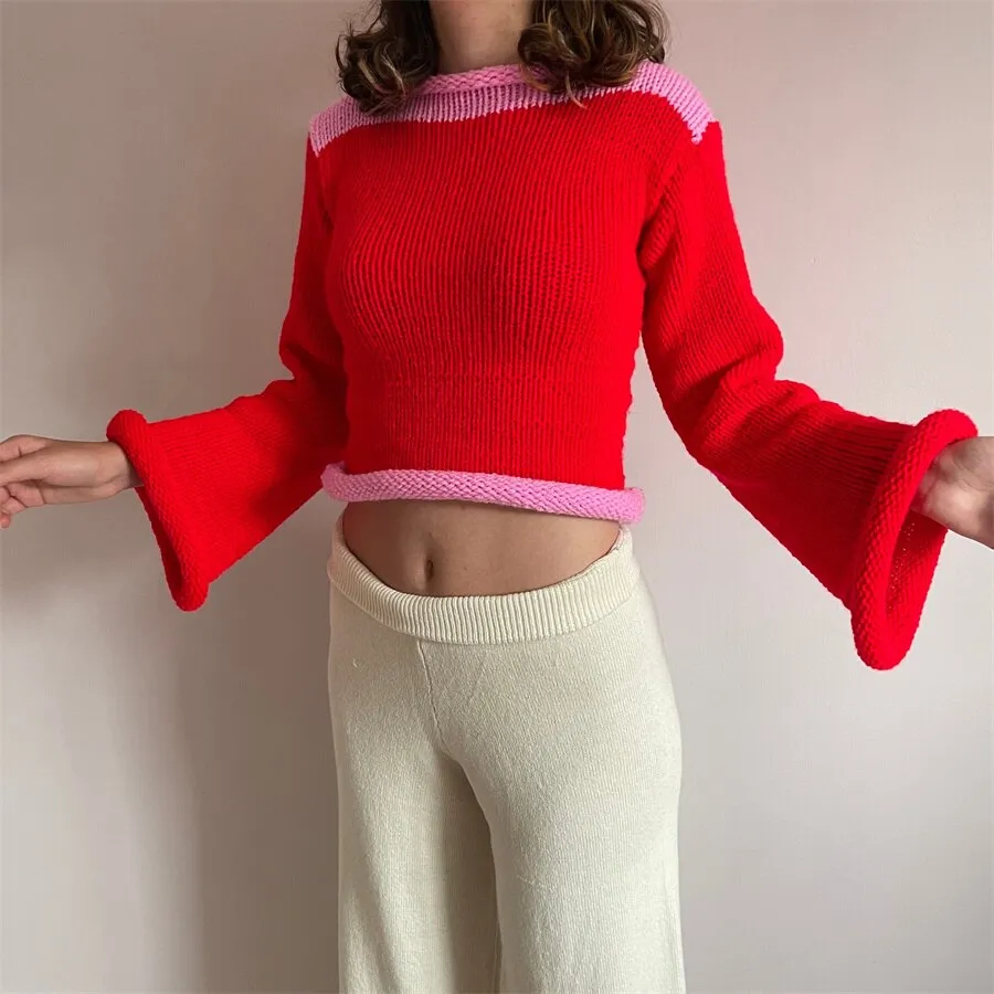 Joskaa Wsevypo E-Girl 2000S Patchwork Knitted Sweaters Autumn Women Retro Rolled Trim Flare Long Sleeves Pullover Jumper Top Streetwear