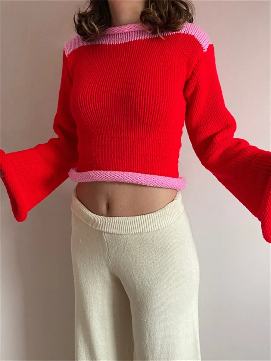 Joskaa Wsevypo E-Girl 2000S Patchwork Knitted Sweaters Autumn Women Retro Rolled Trim Flare Long Sleeves Pullover Jumper Top Streetwear