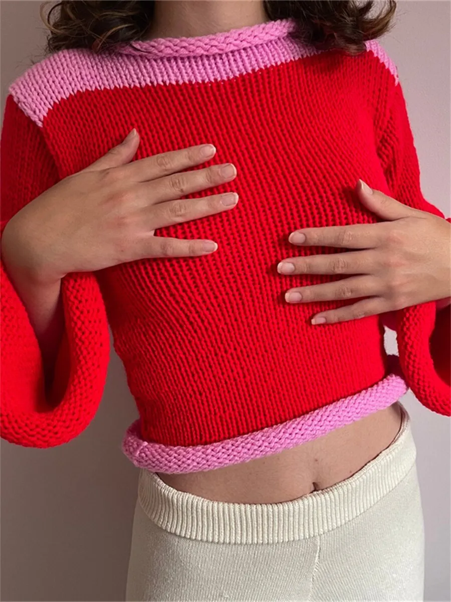 Joskaa Wsevypo E-Girl 2000S Patchwork Knitted Sweaters Autumn Women Retro Rolled Trim Flare Long Sleeves Pullover Jumper Top Streetwear