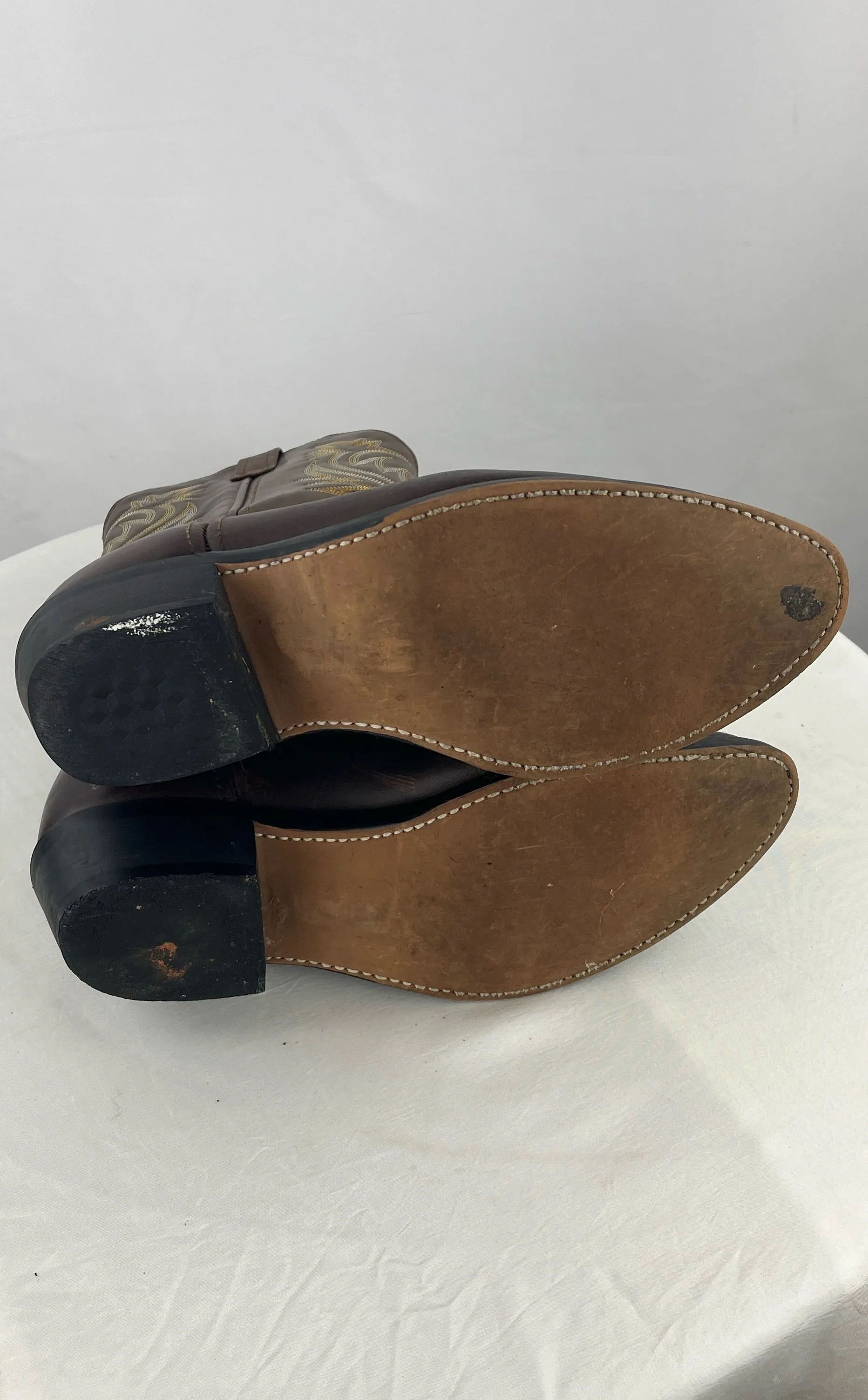 Laredo Men's Brown Distressed Leather Tan Yellow Inlay Cowboy Boots Size 11 EW
