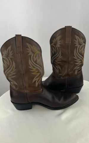 Laredo Men's Brown Distressed Leather Tan Yellow Inlay Cowboy Boots Size 11 EW