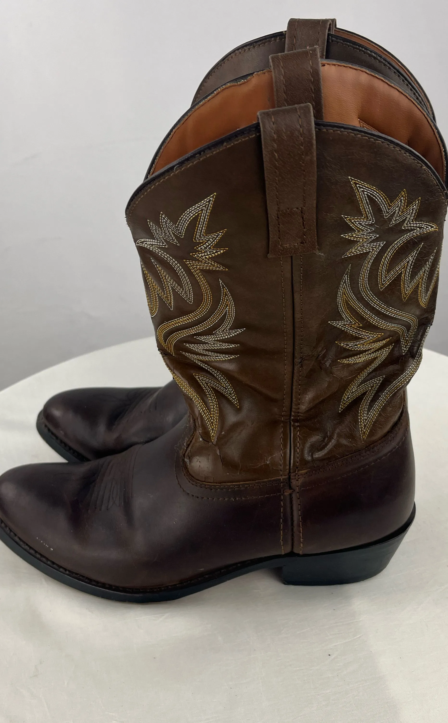 Laredo Men's Brown Distressed Leather Tan Yellow Inlay Cowboy Boots Size 11 EW