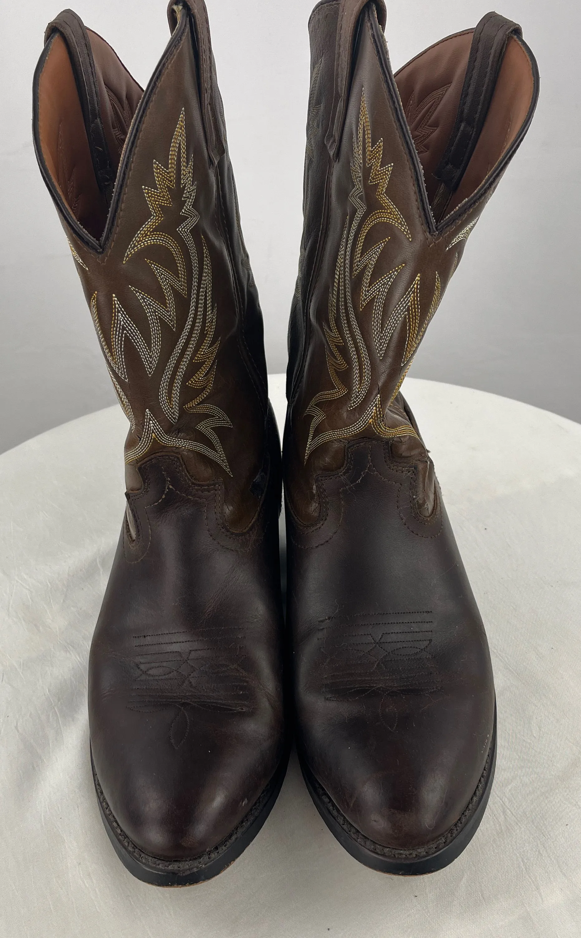 Laredo Men's Brown Distressed Leather Tan Yellow Inlay Cowboy Boots Size 11 EW