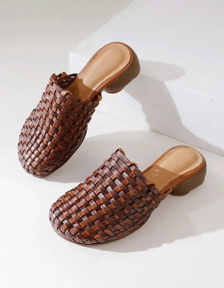 Leather Woven Slippers Wide Mules for Women