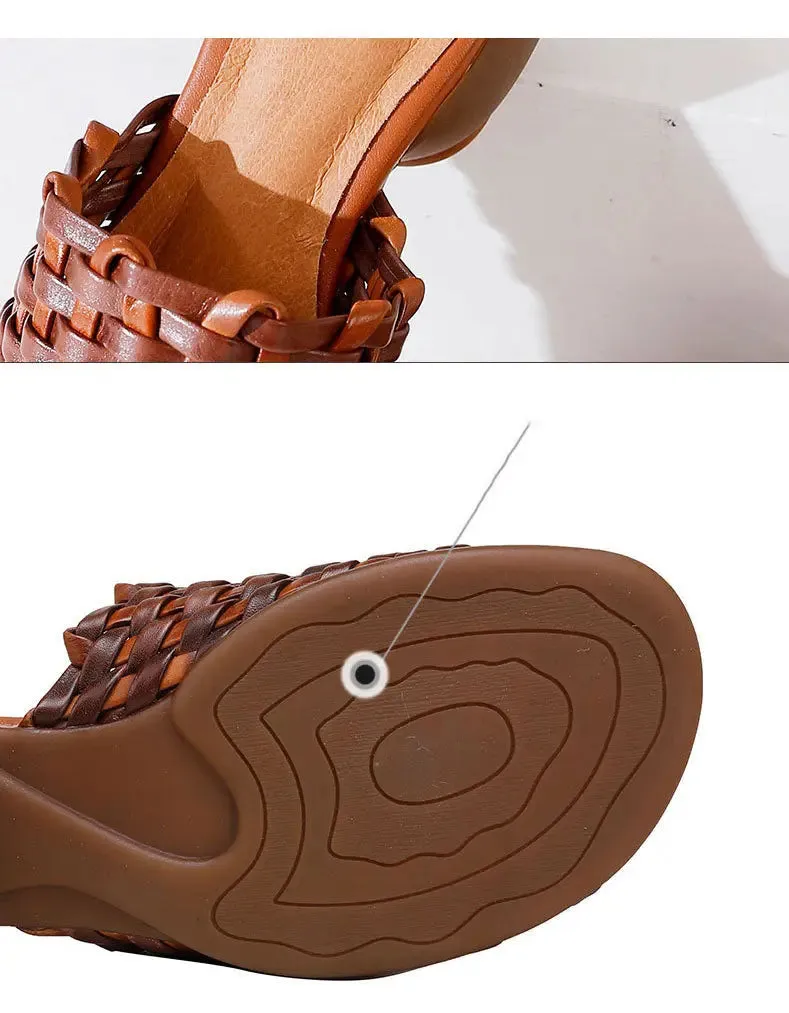 Leather Woven Slippers Wide Mules for Women