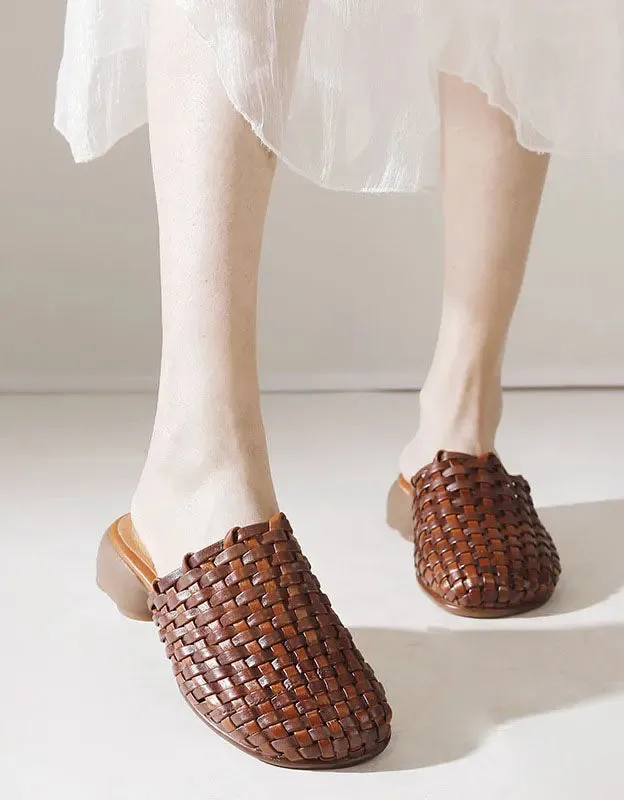 Leather Woven Slippers Wide Mules for Women