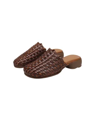 Leather Woven Slippers Wide Mules for Women