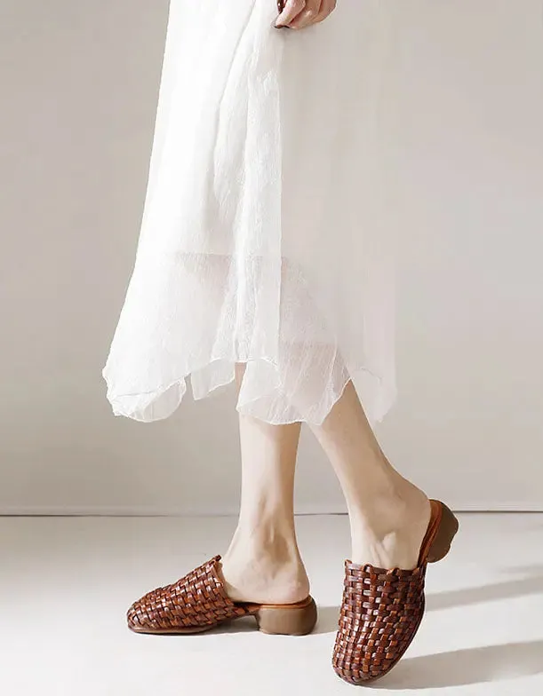 Leather Woven Slippers Wide Mules for Women