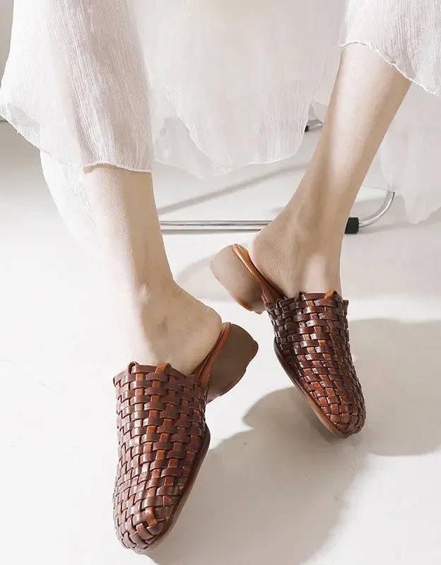 Leather Woven Slippers Wide Mules for Women