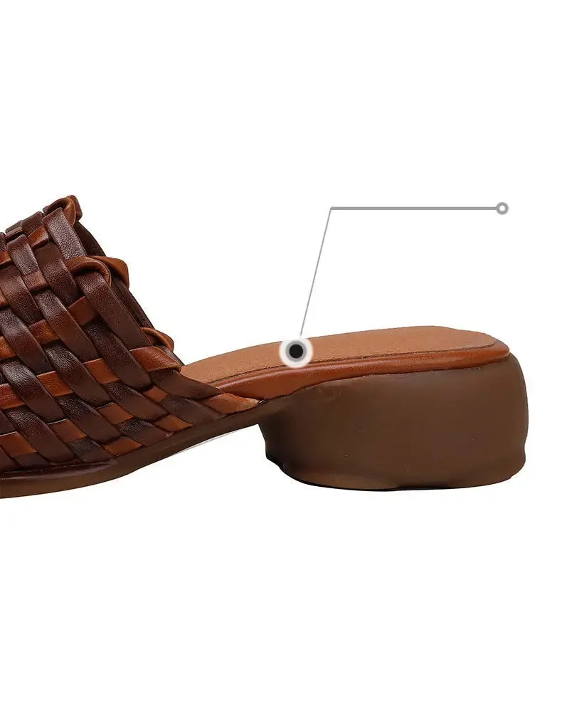 Leather Woven Slippers Wide Mules for Women