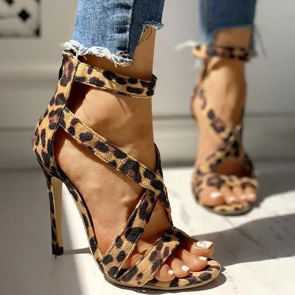 Leopard Faux Suede Crisscross Zipper Back Thin Heels