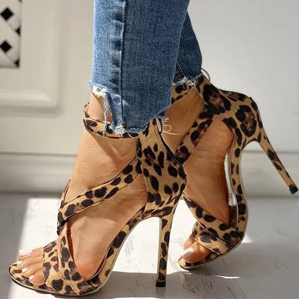 Leopard Faux Suede Crisscross Zipper Back Thin Heels
