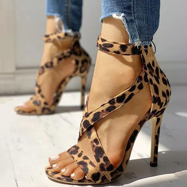 Leopard Faux Suede Crisscross Zipper Back Thin Heels
