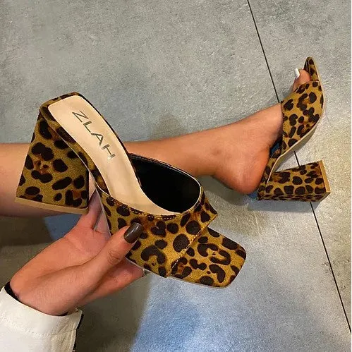 Leopard Grain Square Open Toe Mule High Heels Sandals