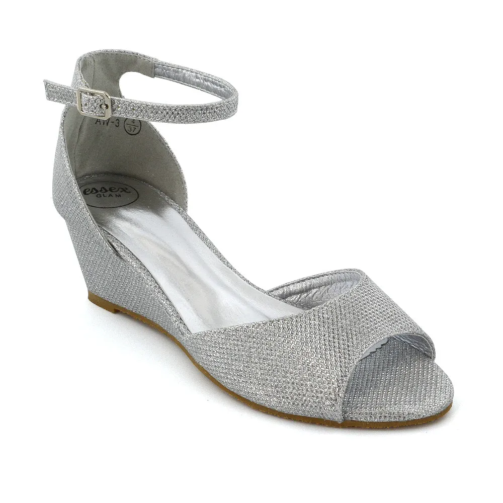 LOTTIE Mid Sandal Wedge Heels Bridal Shoes with Buckle Up Ankle Strap in Silver Glitter