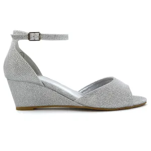 LOTTIE Mid Sandal Wedge Heels Bridal Shoes with Buckle Up Ankle Strap in Silver Glitter
