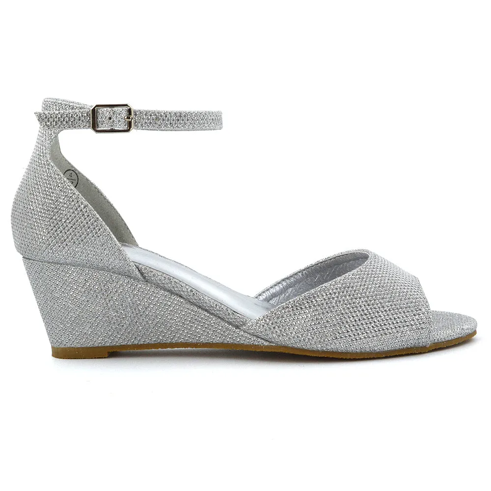 LOTTIE Mid Sandal Wedge Heels Bridal Shoes with Buckle Up Ankle Strap in Silver Glitter