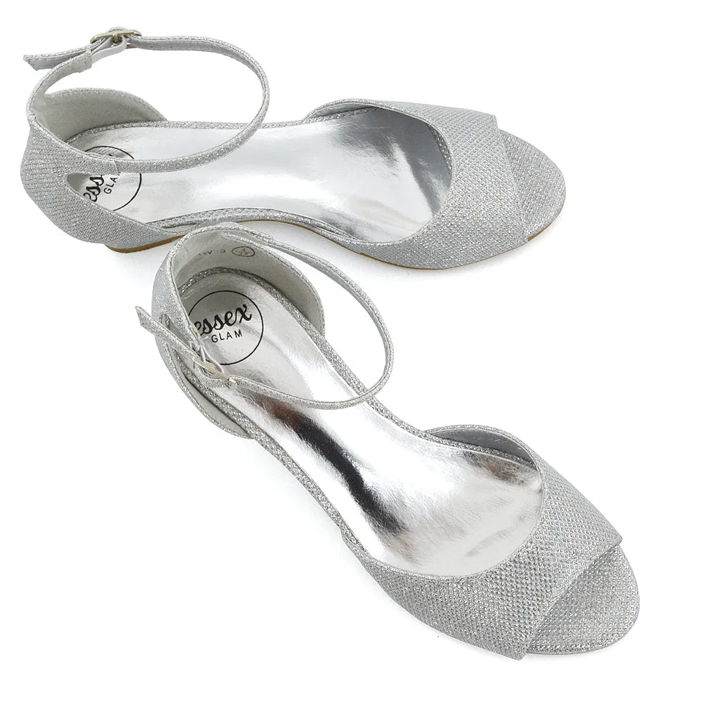LOTTIE Mid Sandal Wedge Heels Bridal Shoes with Buckle Up Ankle Strap in Silver Glitter