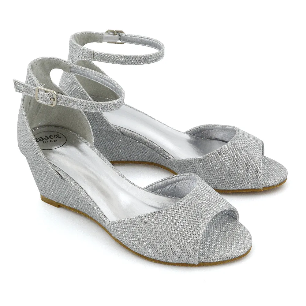 LOTTIE Mid Sandal Wedge Heels Bridal Shoes with Buckle Up Ankle Strap in Silver Glitter