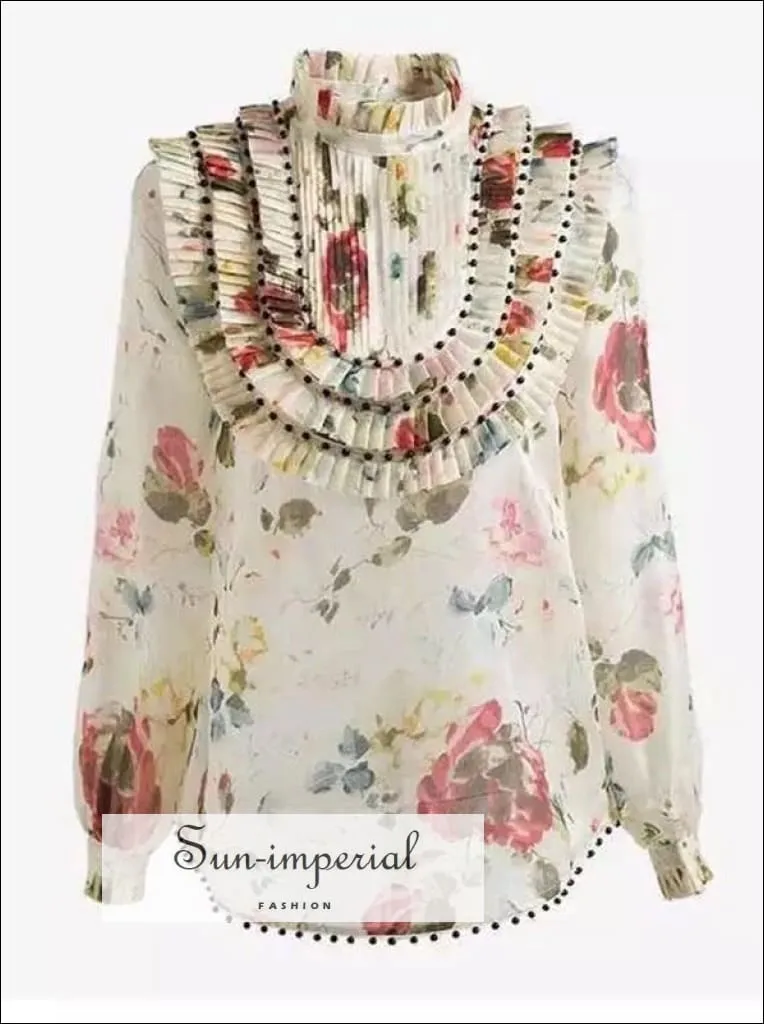 Luna top - Vintage Floral Women Long Sleeve Sheer Pleated top