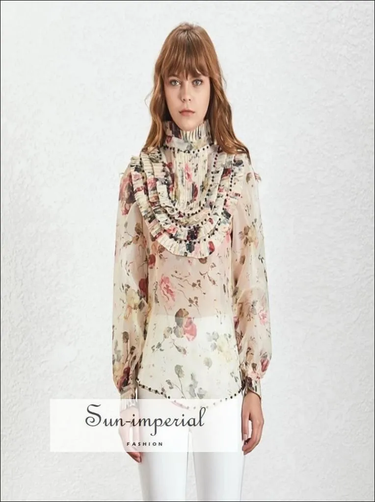 Luna top - Vintage Floral Women Long Sleeve Sheer Pleated top